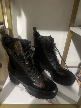 Louis Vuitton Black and Brown Monogram Combat Boots for Women